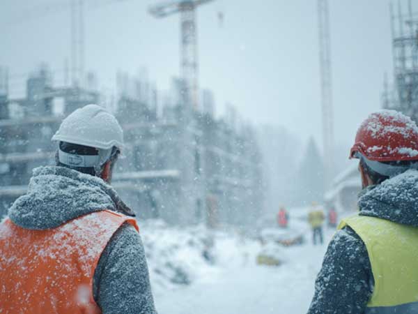 Deux compagnons, sur un chantier, sous la neige